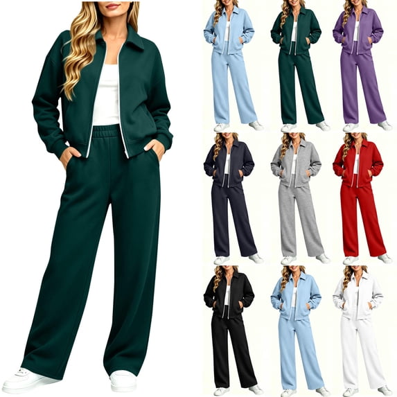 Jerdar Womens 2 Piece Sweat Sets Collared Zip Jacket Wide Leg Sweatpants Oversized Side Pockets Spring Fall Airport Travel Outfits XL