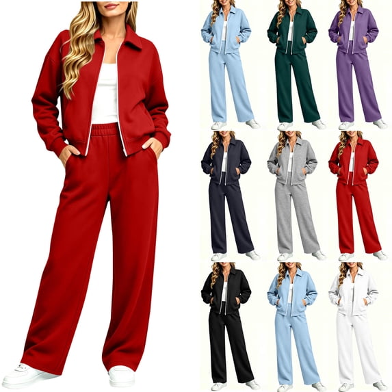 Jerdar Womens 2 Piece Sweat Sets Collared Zip Jacket Wide Leg Sweatpants Oversized Side Pockets Spring Fall Airport Travel Outfits XL