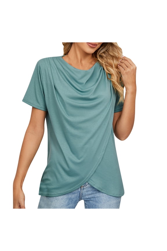 Womens 2026 Summer Tops Casual Twist Front Blouses Short Sleeve T-shirts Fitting Tunic L