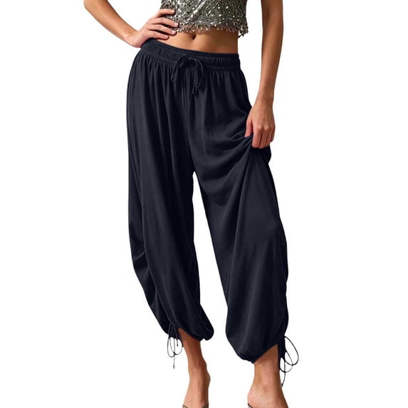 Jerdar Womens Balloon Pants Summer Flowy Wide Leg Pants Adjustable Drawstring Vacation Beach Pants L