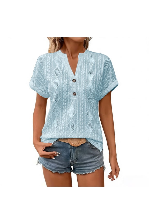 Womens Eyelet Embroidery V Neck Short Sleeve Button Detail Textured Casual Summer Tunic Top M