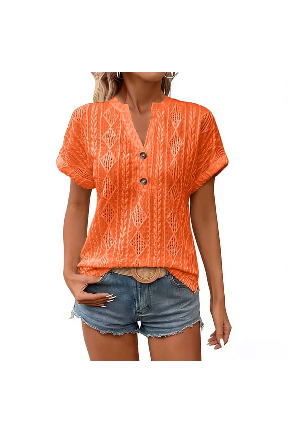 Womens Eyelet Embroidery V Neck Short Sleeve Button Detail Textured Casual Summer Tunic Top S