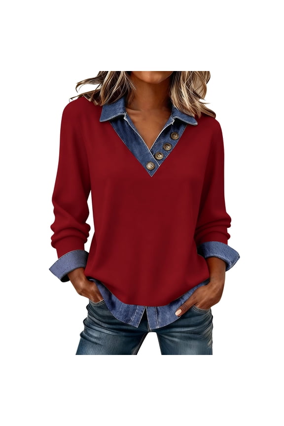 Womens Fake Layer Denim Collar Half Button V Neck Long Sleeve Pullover Sweatshirt Loose Casual Fall Wear Tops S
