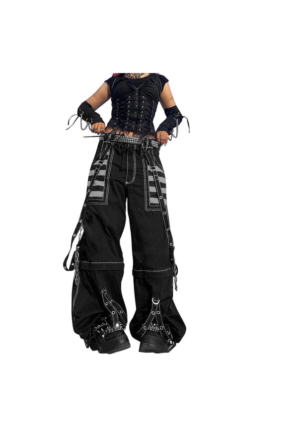 Womens Gothic Punk Wide Leg Cargo Pants High Waist Mesh Patchwork Trousers With Chain Straps for Street Festival Party Club L