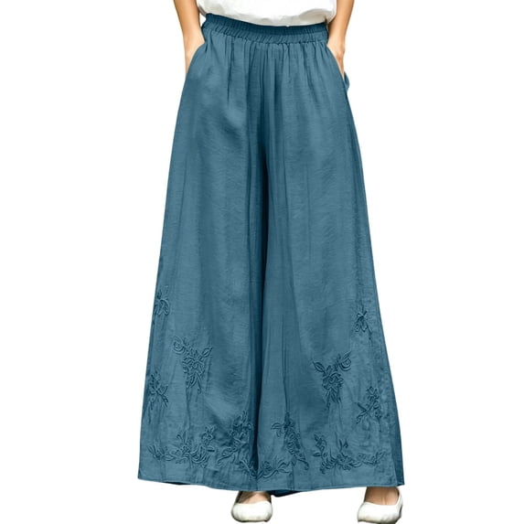 Jerdar Womens Linen Blend Wide Leg Pants Elastic Waist Floral Embroidered Palazzo Trousers With Pockets for Summer Beach And Daily Wear XXXL