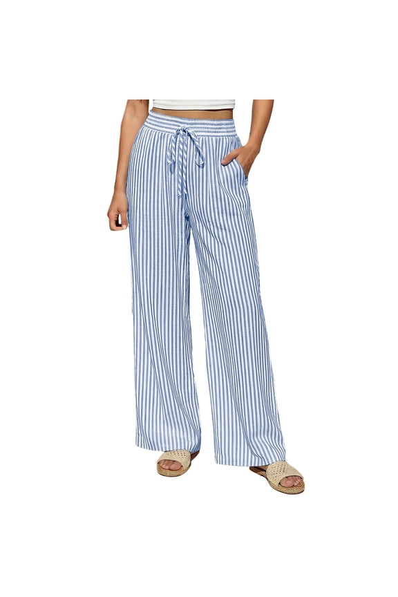 Womens Linen Striped Wide Leg Pants Elastic Waist Drawstring Casual Pants With Pockets Loose Beach Trousers For Summer Vacation S