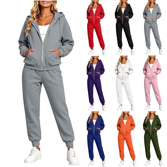 Jerdar Womens Matching Sweatsuit Zip Up Hoodie Jogger Pants Oversized Drop Shoulder Side Pockets Casual Workout Lounge Fall Winter Outfits M