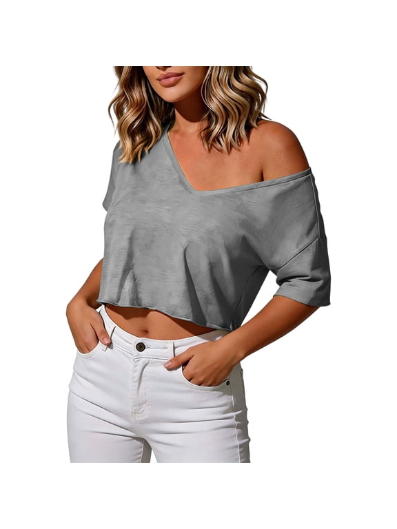 Womens Off Shoulder Crop Top Summer Casual Deep V Neck T-Shirts Short Sleeve Loose Fit Basic Tees M
