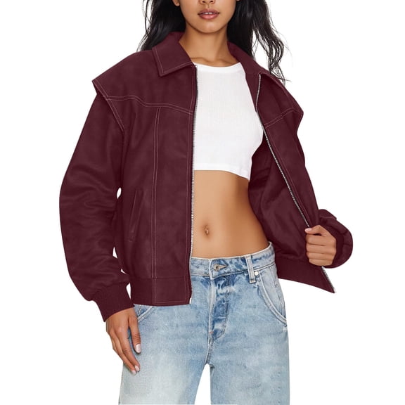 Jerdar Womens Oversized Leather Bomber Jackets Cap Sleeve Zip Up Motorcycle Coats with Pockets for Streetwear L