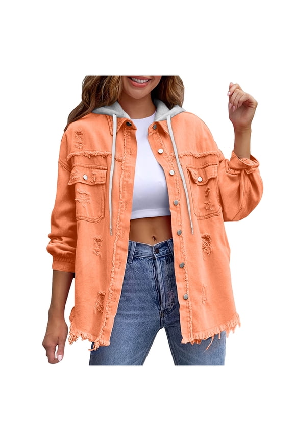 Womens Oversized Ripped Denim Jacket Frayed Hem Button Front Boyfriend Jean Coat Western Shacket with Pockets M