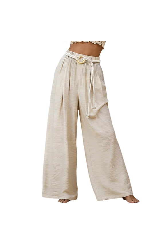 Womens Palazzo Pants Summer Fashion 2026 High Waisted Wide Leg Drawstring With O Ring Flowy Beach Trousers with Pockets M
