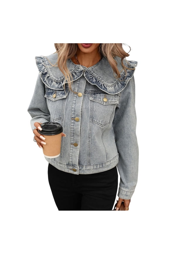 Womens Peter Pan Collar Cropped Jean Jacket Embroidered Jacquard Long Sleeve Casual Floral Denim Jackets Coat XL