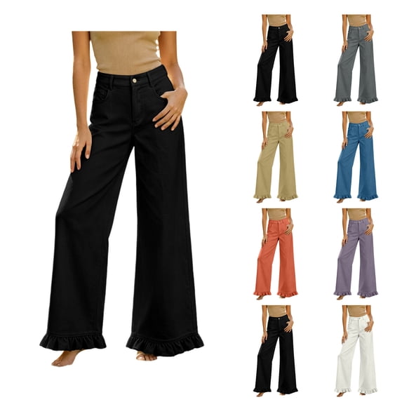 Jerdar Womens Ruffle Wide Leg Jeans Cropped Elastic Casual Loose High Waisted Baggy Denim Pants with Pockets For Daily Wear Pants L