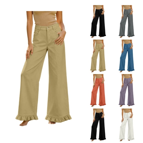 Jerdar Womens Ruffle Wide Leg Jeans Cropped Elastic Casual Loose High Waisted Baggy Denim Pants with Pockets For Daily Wear Pants M