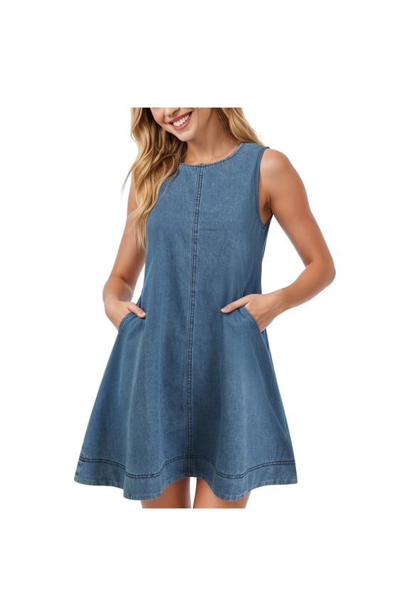 Womens Sleeveless Denim Dress Crewneck A Line Casual Shift Dress with Pockets for Summer Daily Wear S