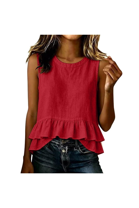 Womens Sleeveless Pullover Summer Crew Neck Tank Top Babydoll Peplum Ruffle Ribbed Knit Casual Sweater Vest L