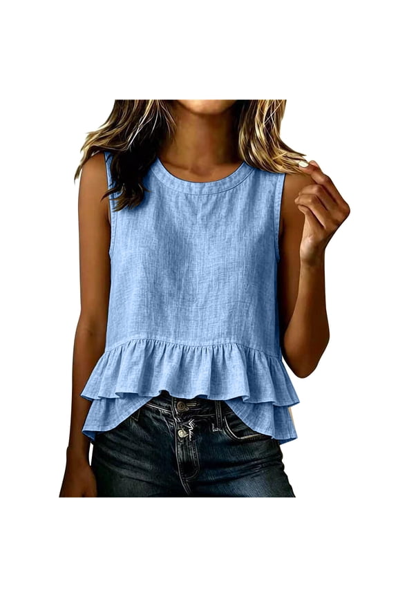 Womens Sleeveless Pullover Summer Crew Neck Tank Top Babydoll Peplum Ruffle Ribbed Knit Casual Sweater Vest S