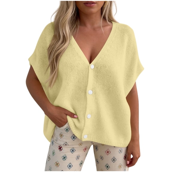 Jerdar Womens Spring Oversized Cardigans Batwing Short Sleeve Lightweight Button V Neck Casual Knit Sweater Tops L