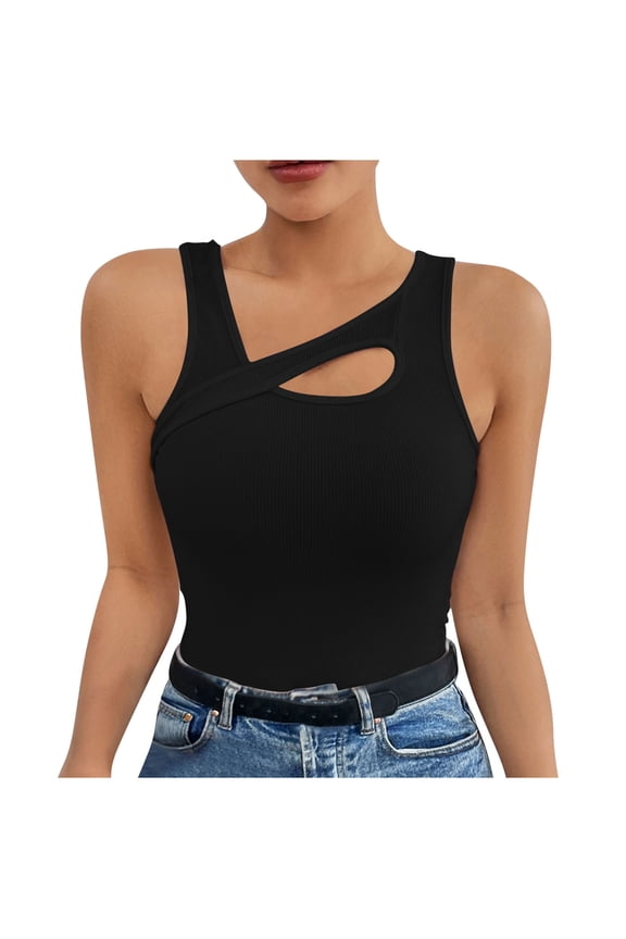 Womens Summer Cutout Tank Tops Sleeveless Shirts Ribbed Tanks Slim Fitted Y2K Basic Tee Shirt Party L