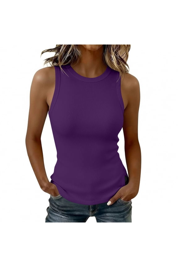 Womens Summer Soft Slim Sleeveless Racerback High Neck Casual Basic Cotton Ribbed Fitted Tank Top Daily S