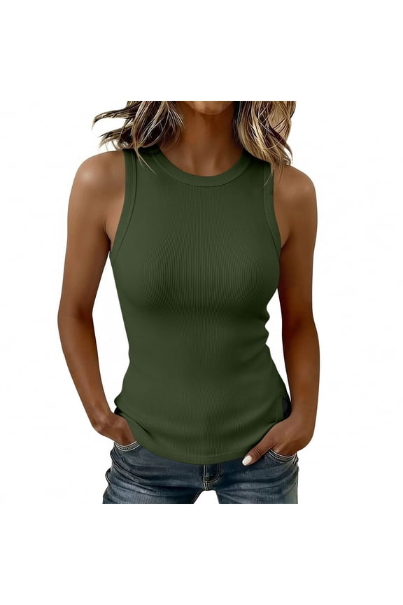 Womens Summer Soft Slim Sleeveless Racerback High Neck Casual Basic Cotton Ribbed Fitted Tank Top Daily XXL