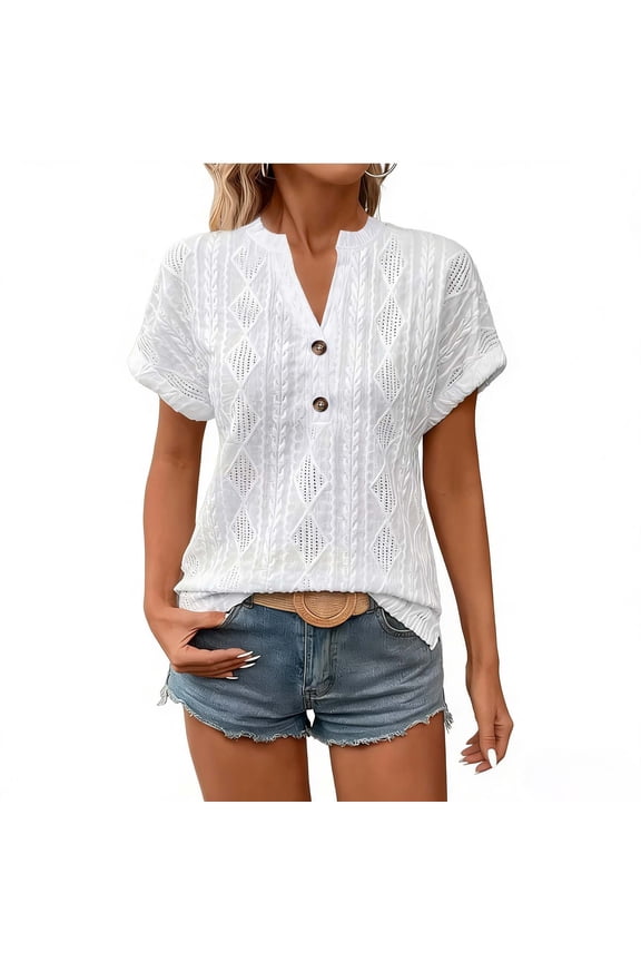Womens Textured Eyelet Embroidery V Neck Short Sleeve Blouse Button Detail Casual Summer Tunic Top XL