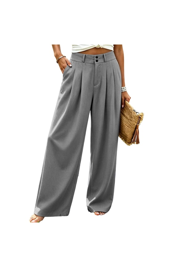 Womens Wide Straight Leg Work Pants Casual Slacks Business Office Trousers Button Dress Pants M
