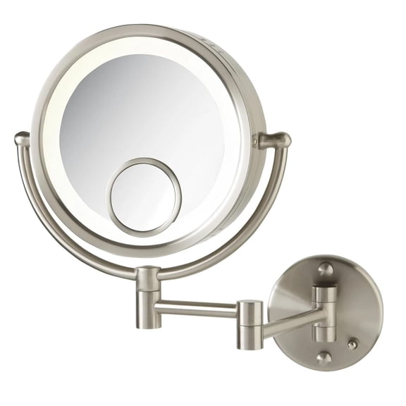 Jerdon Lighted Wall-Mount Makeup Mirror - 1X/7X/15X - Nickel - HL8515N - 8.5" Round Frame, 15" Wall Arm, LED Lighting, Corded Plug-In Power