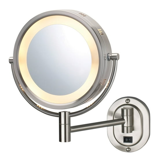 Jerdon 8-inch Diameter Lighted Makeup Mirror, 5X-1X Magnification, Nickel Finish, Direct Wire - Model HL165ND