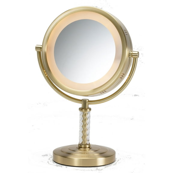 Jerdon Lighted Tabletop Makeup Mirror - Halo Lighted Makeup Mirror with 1X and 6X Magnification in Brushed Brass Finish - 8-Inch Diameter Vanity Mirror - Model HL856BC