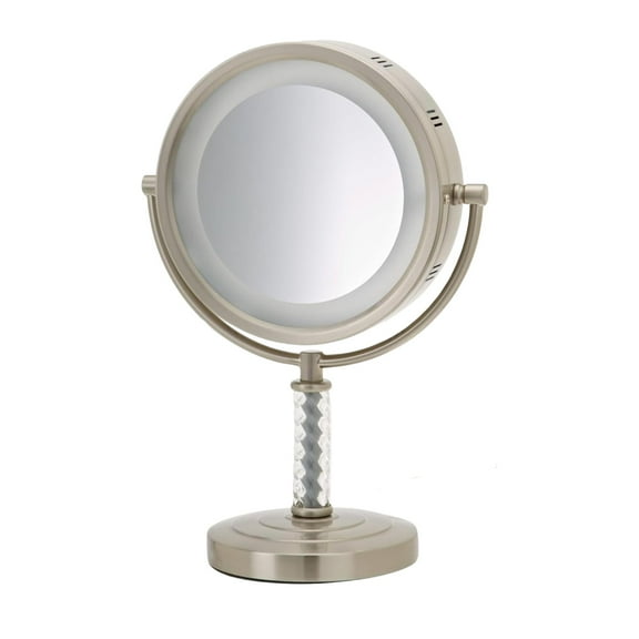 Jerdon Lighted Tabletop Makeup Mirror - Halo Lighted Makeup Mirror with 1X and 6X Magnification in Nickel Finish - 8-Inch Diameter Vanity Mirror - Model HL856MNC