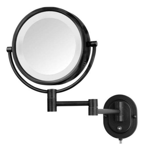 Jerdon Wall-Mounted Makeup Mirror with 5X Magnification - Black Makeup Mirror with LED Lights - Plug in - HL65BK