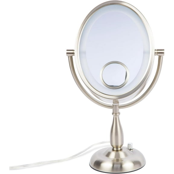 Jerdon Tabletop Lighted Makeup Mirror - 8" x 10" Oval  Frame - 10X-1X-15X Magnification - Nickel Finish - Model HL9510NL
