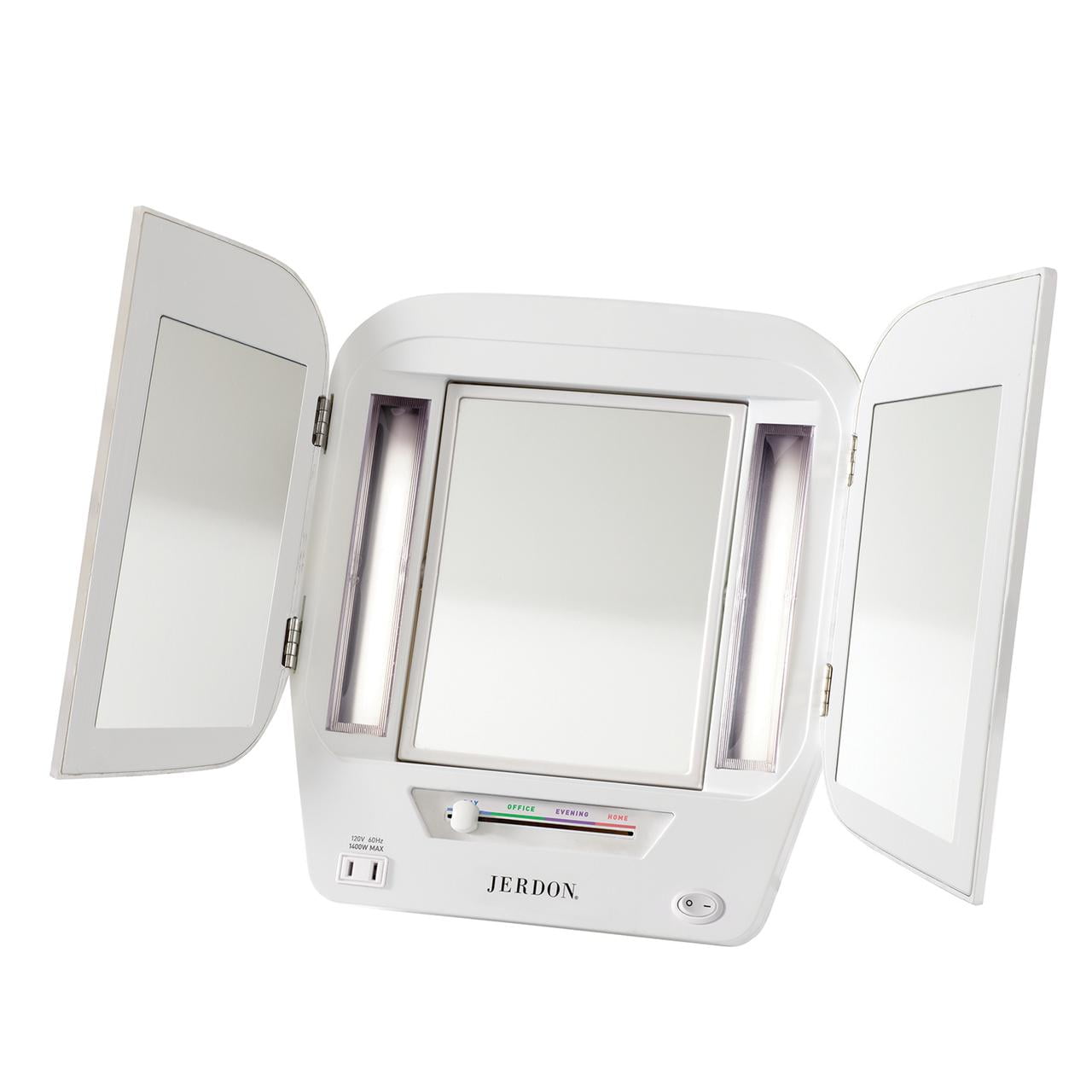 JERDON STYLE Jerdon Tri-Fold Makeup Beauty Mirror-5X Magnification & Multiple Light Settings-White-Model JGL10W