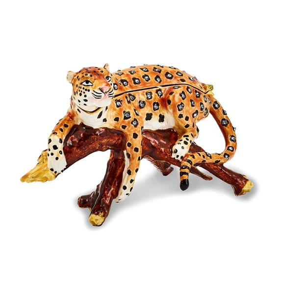 Jere Luxury Giftware Bejeweled LEOPOLD Leopard on Branch Pewter and Enamel Trinket Box and Matching Pendant Charm