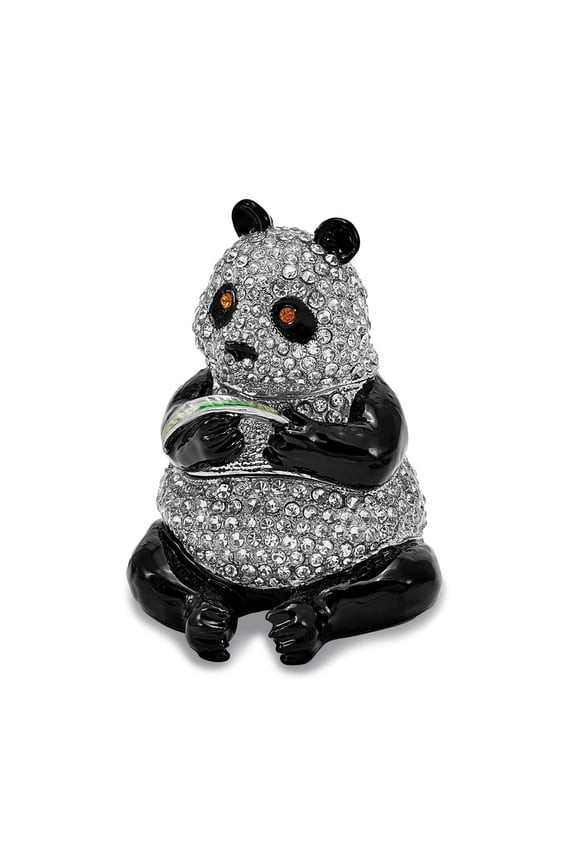 Jere Luxury Giftware Bejeweled LING LING Panda Bear w/Leaf Pewter and Enamel Trinket Box and Matching Pendant Charm