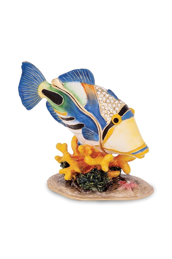 Jere Luxury Giftware Bejeweled PICASSO Large Humu Humu Fish Pewter and Enamel Trinket Box and Matching Pendant Charm