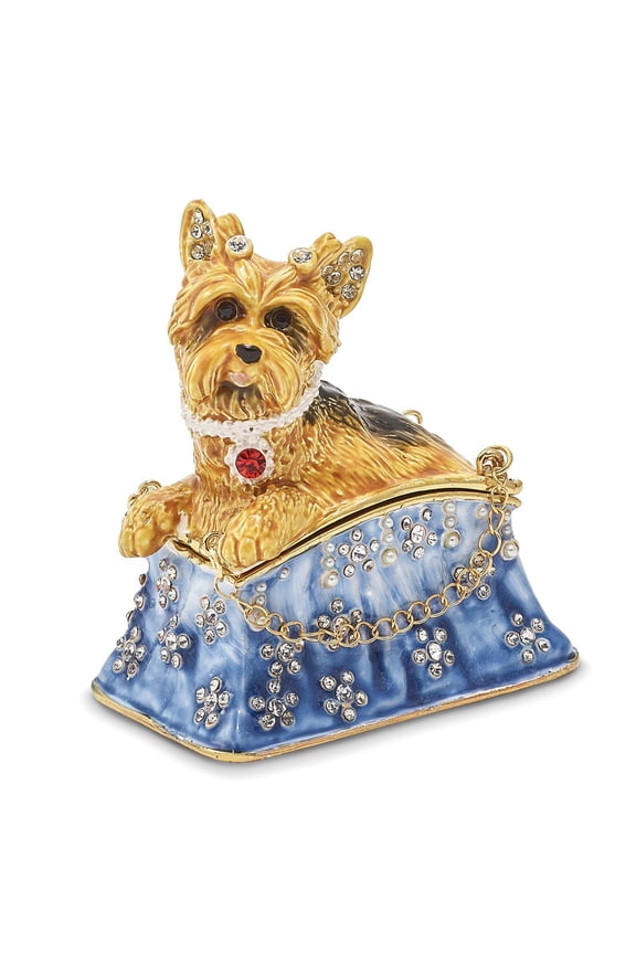 Jere Luxury Giftware Bejeweled TWINKLES Yorkshire Terrier in Tote Pewter and Enamel Trinket Box and Matching Pendant Charm