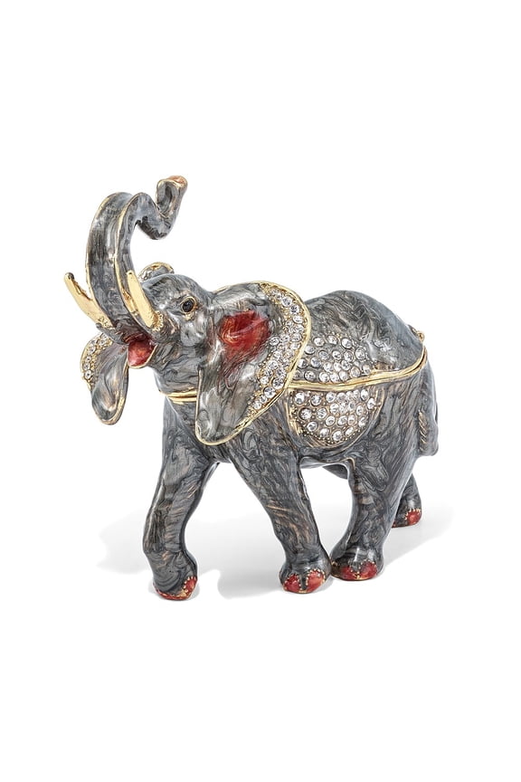 Bejeweled Gray,Pink Color Enamel ZARA Trumpeting Elephant Trinket Box