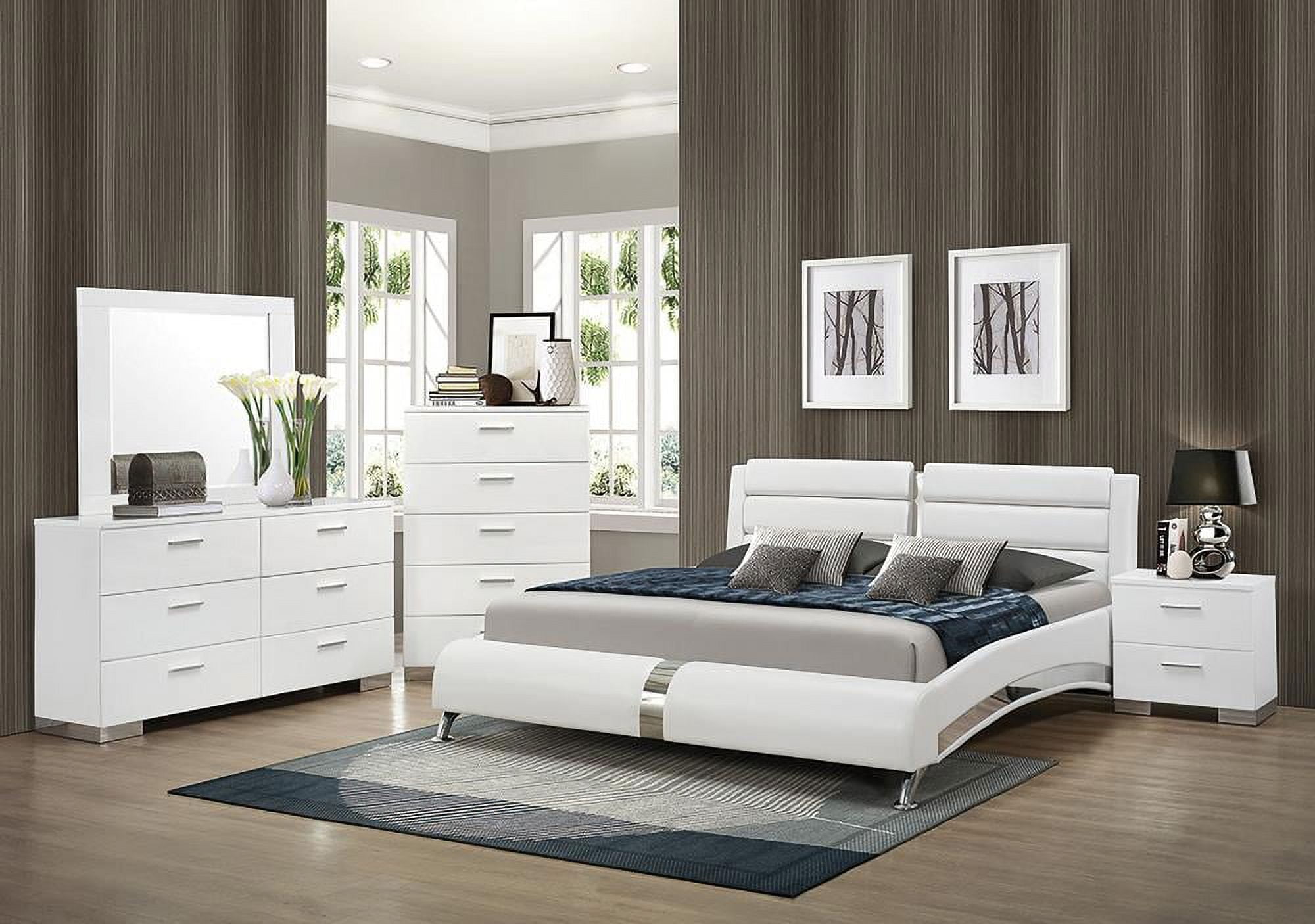 Glossy White 5-Piece Queen Bedroom Set with Chrome Accents