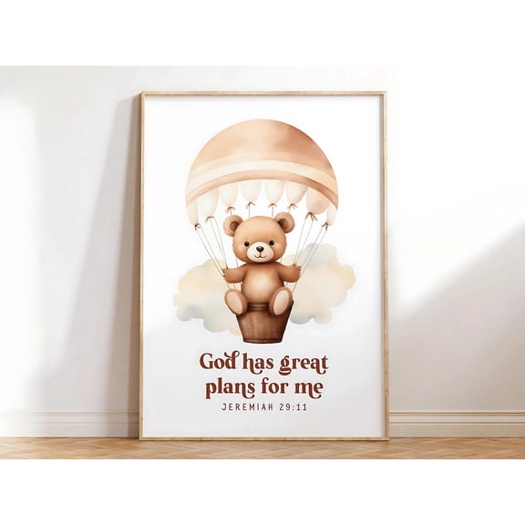 Jeremiah 29 11 Wall Art Boho Christian Nursery Bear Balloon Art, Stretched Canvas 8x10in