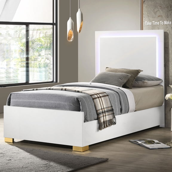 Jeremiah White Wood Twin LED Panel Bed