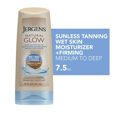 product image of Jergens Hand and Body Lotion, Natural Glow +FIRMING Sunless Tanning Wet Skin Body Lotion, Medium to Deep Skin Tone, 7.5 Oz