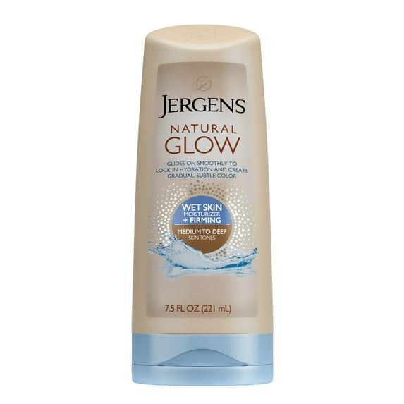 Jergens Hand and Body Lotion, Natural Glow +FIRMING Sunless Tanning Wet Skin Body Lotion, Medium to Deep Skin Tone, 7.5 oz
