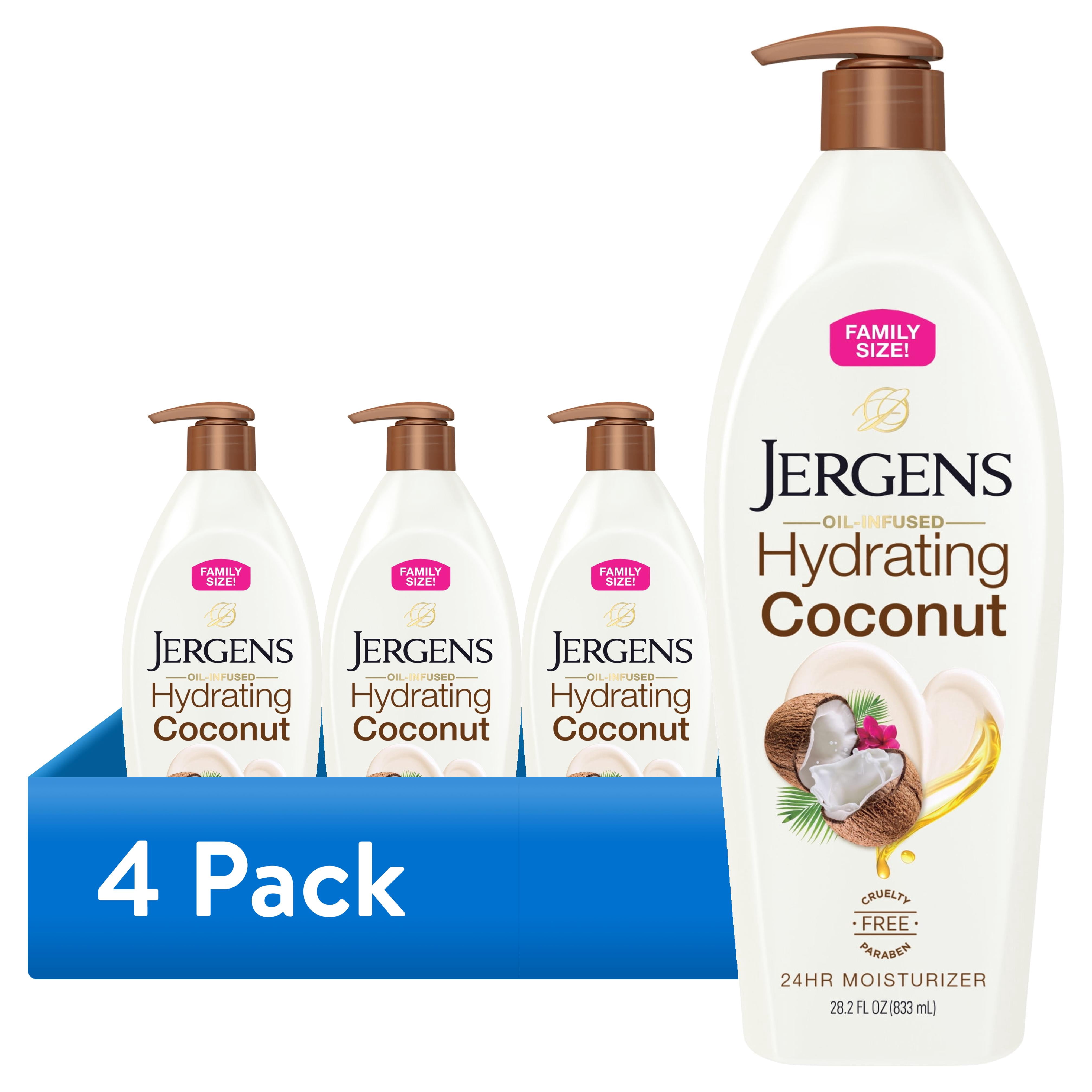 (4 pack) Jergens Hydrating Coconut Body Lotion Moisturizer for Dry Skin, Dermatologist Tested, 28.2 oz
