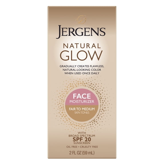 Jergens Natural Glow Face Moisturizer Fair to Medium, SPF 20 Self Tanner, Sunscreen, 2 fl oz