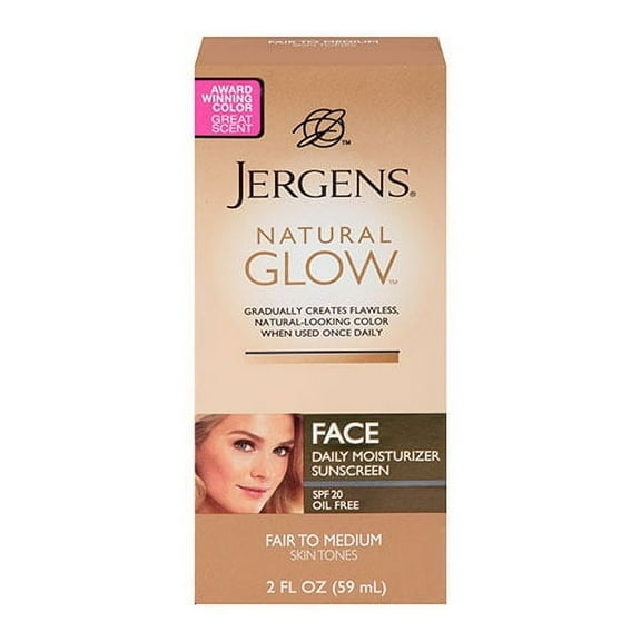 Jergens Natural Glow Face Moisturizer with SPF 20, Self Tanner for Fair to Medium Skin Tone, Daily Facial Sunscreen Lotion, 2 Ounce, Oil Free