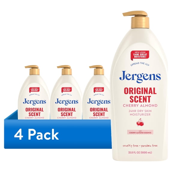 (4 pack) Jergens Original Scent with Cherry Almond Body Lotion Moisturizer for Dry Skin, 33.8 fl oz