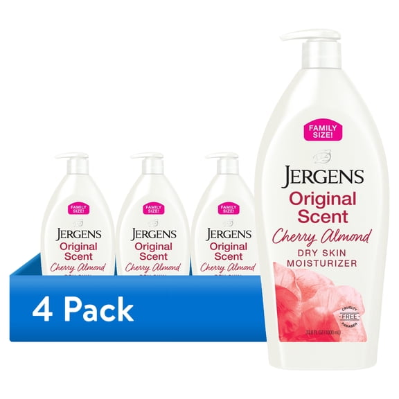 (4 pack) Jergens Original Scent with Cherry Almond Body Lotion Moisturizer for Dry Skin, 33.8 fl oz
