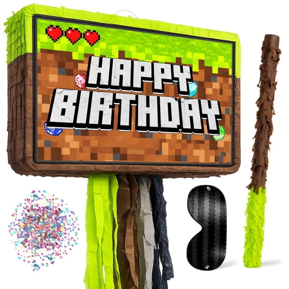 Jergrim Mining Pixel Pinata 4 Piece Set, Perfect For Happy Birthday Decorations, 16"x11" Piata Level Up, Gaming & Video Game Celebrations For Boys, Fits Party Favors & Candy